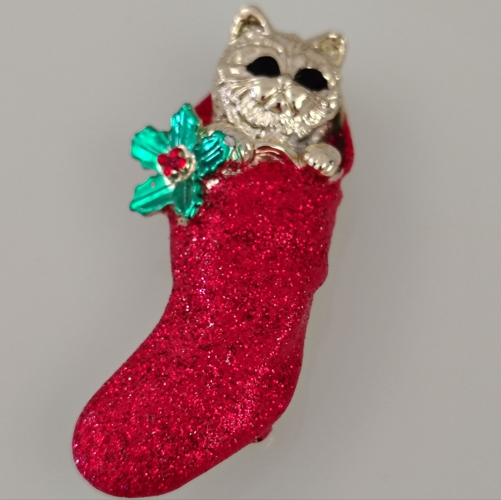 Festive Red Cat Stocking Brooch